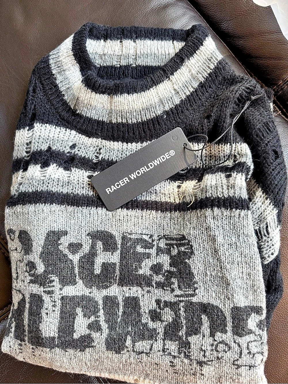 Racer Worldwide Distressed Stripe Knit Sweater Black & White Wool Sweater Size